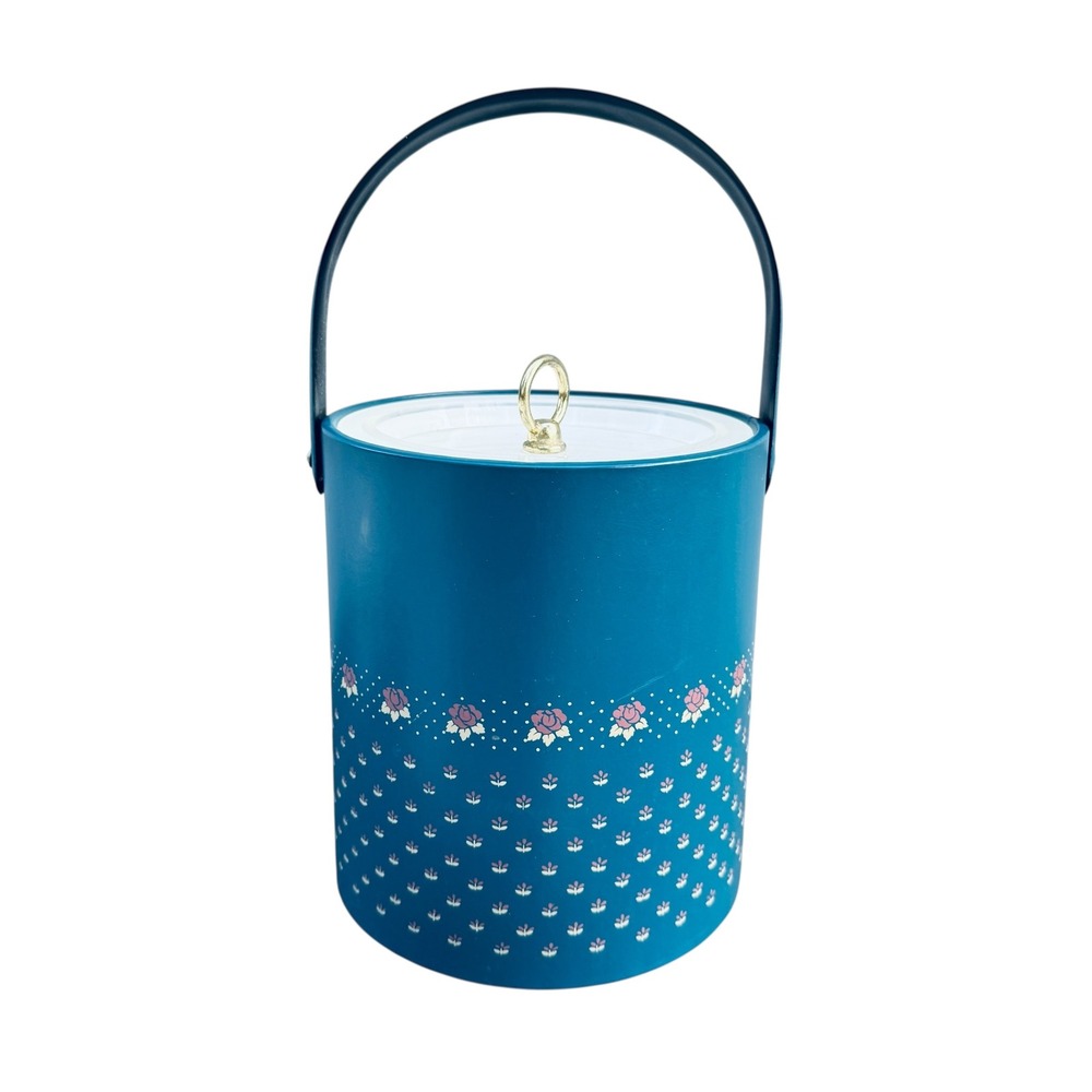 Georges Briard Vintage Ice Bucket Blue Floral Rose Vinyl MCM Barware with Lid